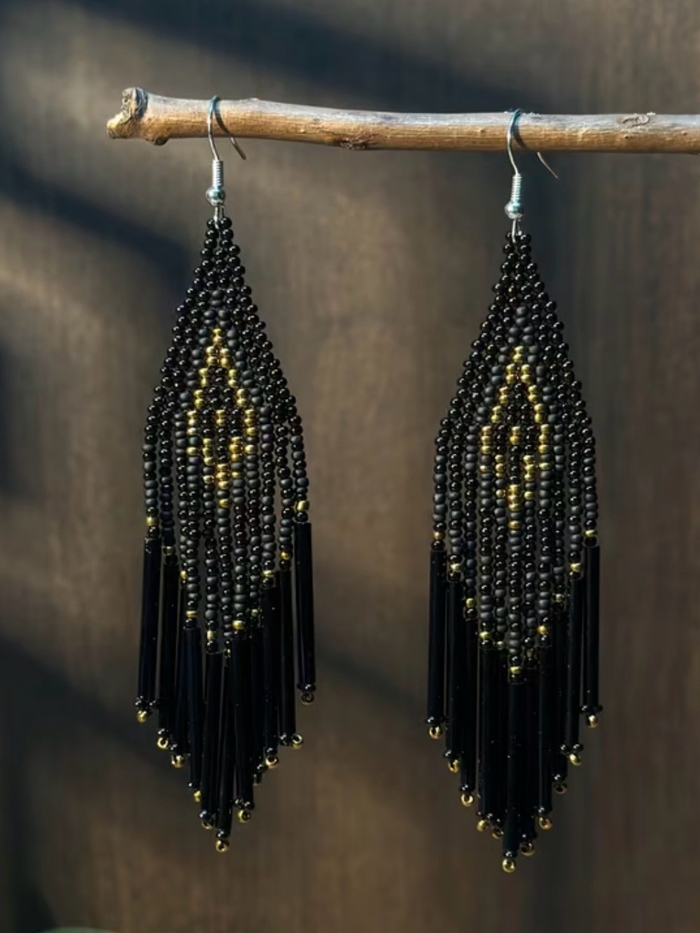 Handmade Black Beaded Fringe Earrings - Women's Jewelry